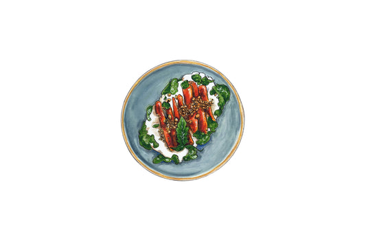 Roasted carrots with carrot skin dukkah, carrot top pesto and labneh