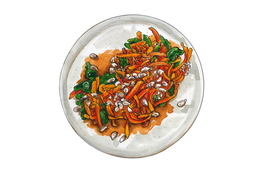 Pumpkin noodles with roasted pumpkin seeds & pumpkin skin lardons