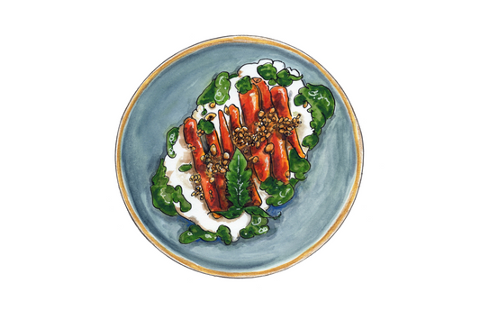 Roasted carrots with carrot skin dukkah, carrot top pesto and labneh