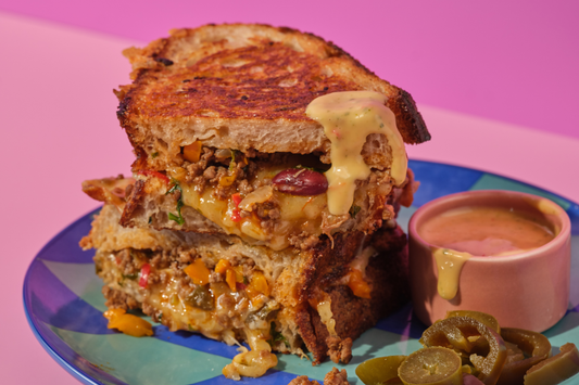 Ar tine toastie (chilli beef, pickled jalapeños, Bookers Vintage Cheddar)